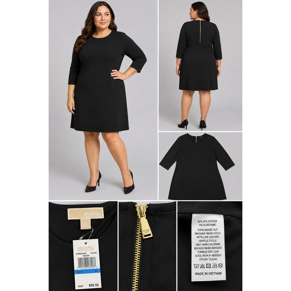 Michael Michael Kors Black 3/4 Sleeve‎ Shift Dress Gold Zip XL QF08EZ003G